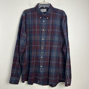 BARBOUR STAPLETON TAILORED FIT BLUE BURGUNDY PLAID L/S BUTTON DOWN FLANNEL L